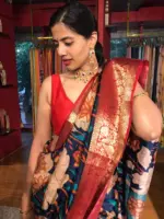 Ocean Blue Printed Banarasi Silk Saree - Image 2