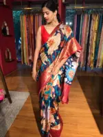 Ocean Blue Printed Banarasi Silk Saree - Image 5