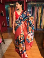 Ocean Blue Printed Banarasi Silk Saree - Image 6