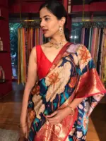 Ocean Blue Printed Banarasi Silk Saree - Image 4
