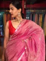 Rani Pink Crushed Banarasi Silk Saree with Zari Border
