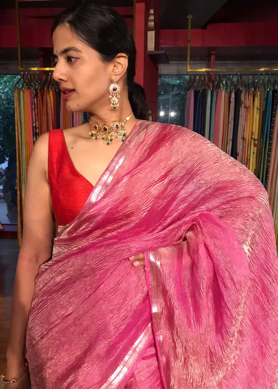 Rani Pink Crushed Banarasi Silk Saree with Zari Border