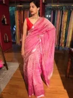 Rani Pink Crushed Banarasi Silk Saree with Zari Border - Image 4