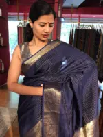 Navyblue Chiffon Saree with Gold Zari Stripes