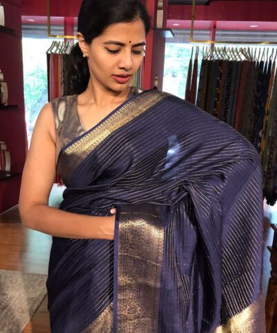 Navyblue Chiffon Saree with Gold Zari Stripes