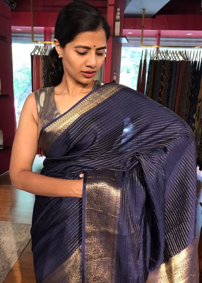 Navyblue Chiffon Saree with Gold Zari Stripes