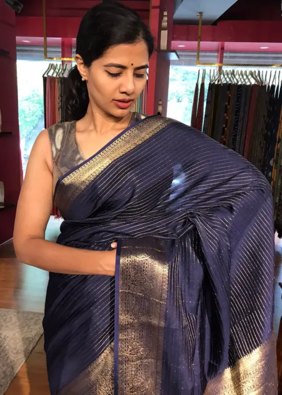 Navyblue Chiffon Saree with Gold Zari Stripes