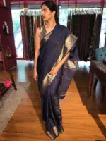Navyblue Chiffon Saree with Gold Zari Stripes - Image 5