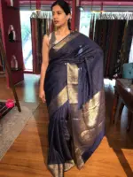 Navyblue Chiffon Saree with Gold Zari Stripes - Image 2