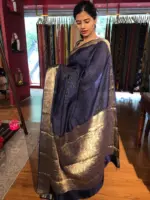 Navyblue Chiffon Saree with Gold Zari Stripes - Image 4