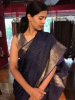 Navyblue Chiffon Saree with Gold Zari Stripes - Image 3