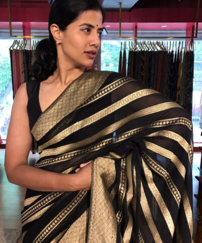 Black Georgette Silk Saree with Antique Gold Zari Weaves by Mirra Clothing