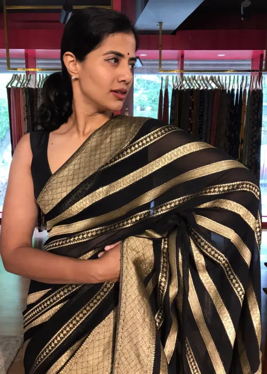 Black Georgette Silk Saree with Antique Gold Zari Weaves by Mirra Clothing
