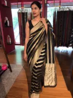 Black Georgette Silk Saree with Antique Gold Zari Weaves - Image 4