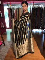 Black Georgette Silk Saree with Antique Gold Zari Weaves - Image 5