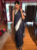 Navy Blue Organza Silk Saree with Resham Silk Zari Weaves - Image 4