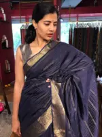 Navyblue Chiffon Saree with Gold Zari Stripes