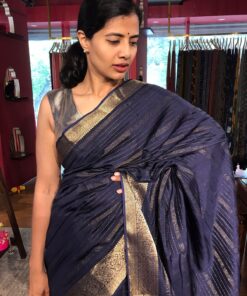 Navyblue Chiffon Saree with Gold Zari Stripes