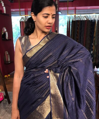 Navyblue Chiffon Saree with Gold Zari Stripes