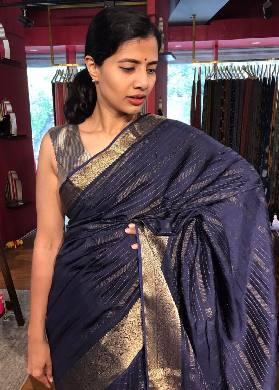 Navyblue Chiffon Saree with Gold Zari Stripes