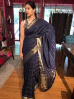 Navyblue Chiffon Saree with Gold Zari Stripes - Image 2