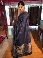 Navyblue Chiffon Saree with Gold Zari Stripes - Image 5