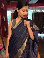 Navyblue Chiffon Saree with Gold Zari Stripes - Image 3