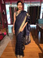 Navyblue Chiffon Saree with Gold Zari Stripes - Image 4