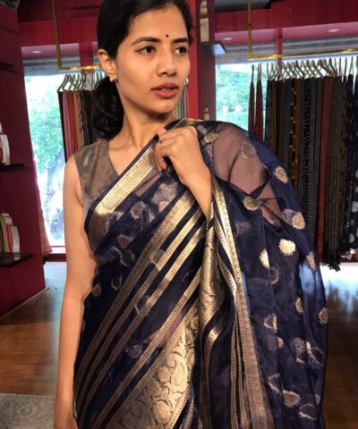 Navy Blue Organza Silk Saree