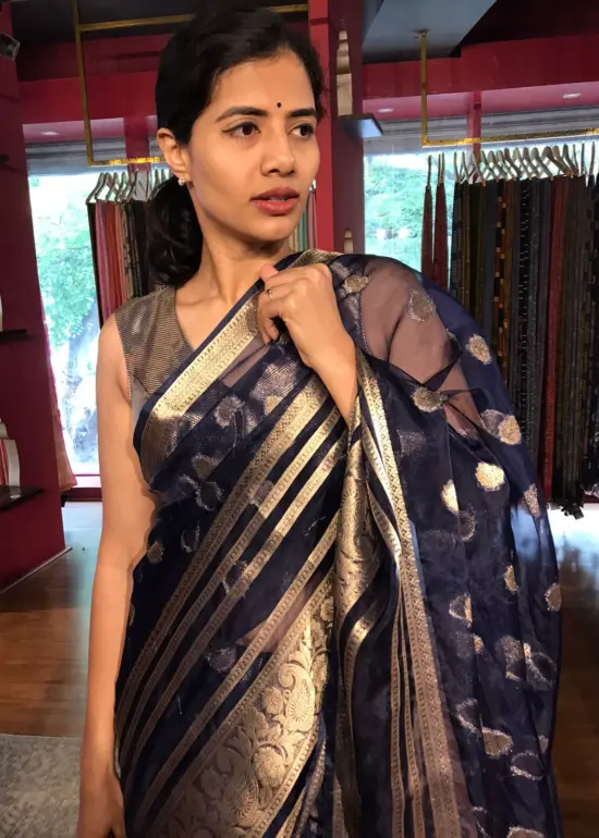 Navy Blue Organza Silk Saree