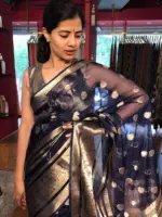 Navy Blue Organza Silk Saree - Image 4