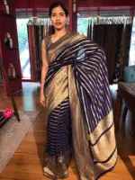 Navy Blue Georgette Silk Saree adorned with Antique Gold Border - Image 6