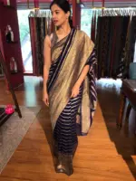 Navy Blue Georgette Silk Saree adorned with Antique Gold Border - Image 5