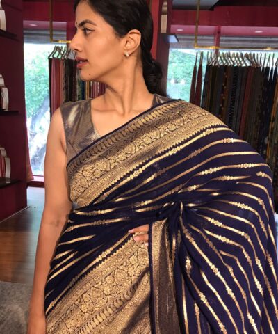 Elegant Navy Blue Georgette Silk Saree by Mirra Clothing