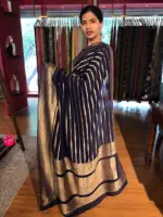 Navy Blue Georgette Silk Saree adorned with Antique Gold Border - Image 4