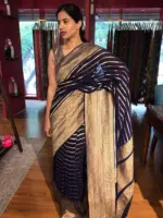 Navy Blue Georgette Silk Saree adorned with Antique Gold Border - Image 2