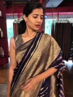 Navy Blue Georgette Silk Saree adorned with Antique Gold Border - Image 3
