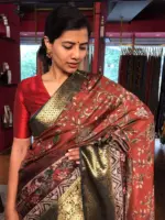 Multicolor Printed Dola Silk Saree with Zari Border - Image 6