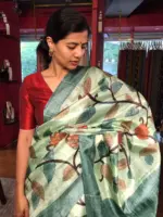 Pista Green Printed Tussar Silk Saree