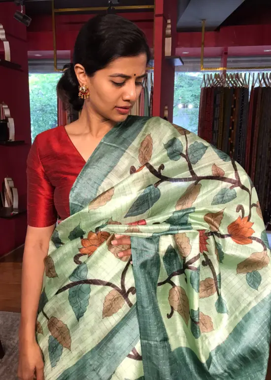 Pista Green Printed Tussar Silk Saree