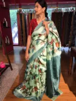 Pista Green Printed Tussar Silk Saree - Image 3