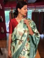 Pista Green Printed Tussar Silk Saree - Image 4
