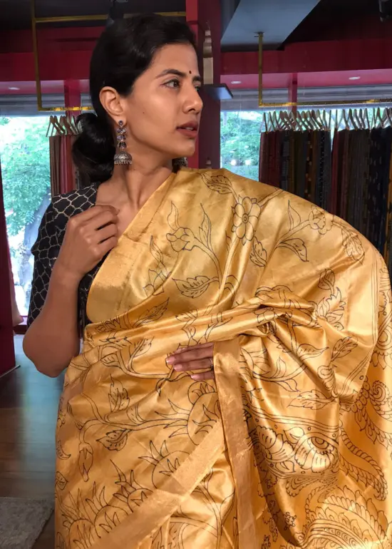 Mustard Handpainted Tussar Silk Saree