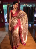 Maroon Handwoven Tissue Silk Saree highlighted with Contrast Satin Silk Border - Image 2