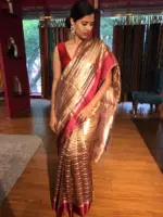 Maroon Handwoven Tissue Silk Saree highlighted with Contrast Satin Silk Border - Image 5