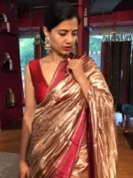 Maroon Handwoven Tissue Silk Saree highlighted with Contrast Satin Silk Border - Image 4