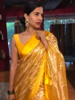 Haldi Yellow  Handwoven Tissue Silk Saree with Satin Silk Border - Image 5