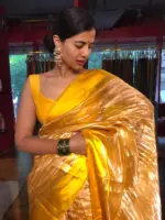 Haldi Yellow  Handwoven Tissue Silk Saree with Satin Silk Border - Image 4