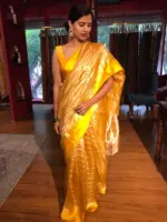 Haldi Yellow  Handwoven Tissue Silk Saree with Satin Silk Border - Image 3