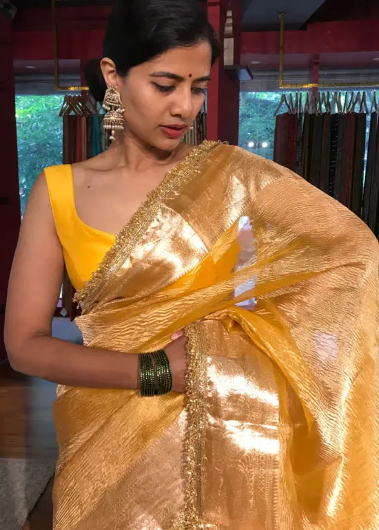 Haldi Yellow Tissue Silk Saree with Gota Border by MIRRA CLOTHING